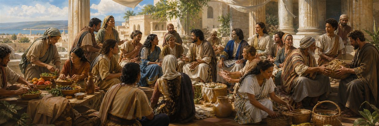 A diverse community preparing food, carrying aid, listening, teaching, and serving together